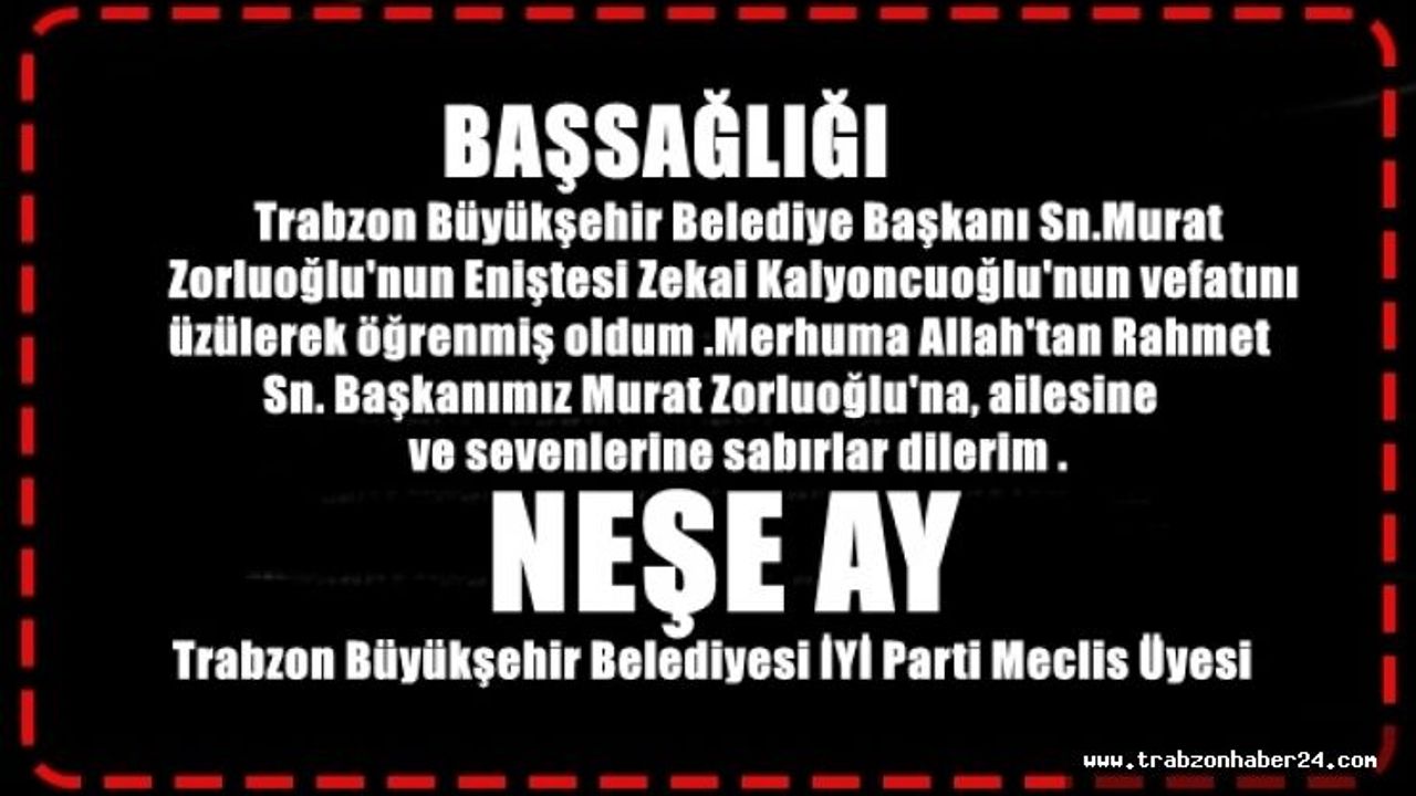 Büyükşehir Belediye Meclis Üyesi Neşe Ay'dan Büyükşehir Belediye Başkanı Zorluoğlu'na Başsağlığı Mesajı